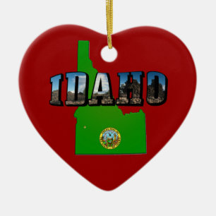 Idaho Map, Seal and Picture Text Ceramic Ornament