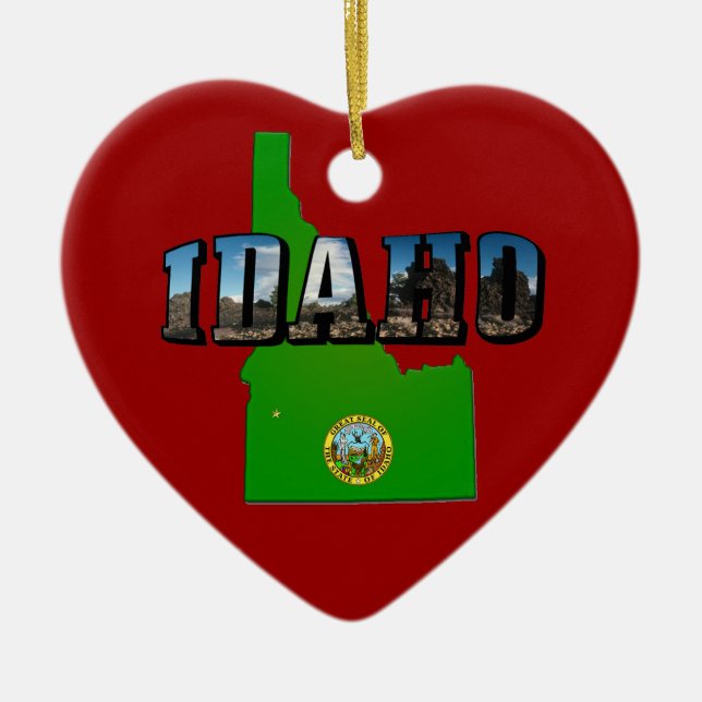 Idaho Map, Seal and Picture Text Ceramic Ornament (Front)