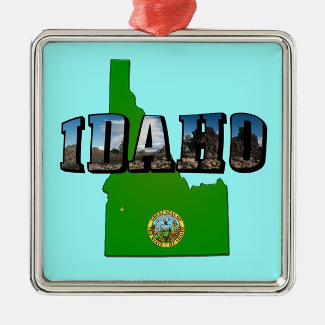 Idaho Map, Seal and Picture Text Metal Ornament (Front)