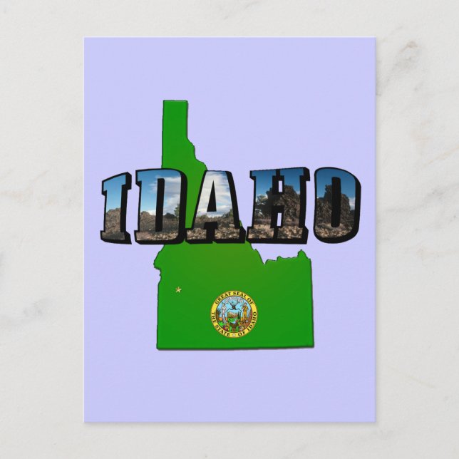 Idaho Map, Seal and Picture Text Postcard (Front)