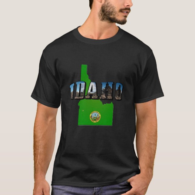 Idaho Map, Seal and Picture Text T-Shirt (Front)