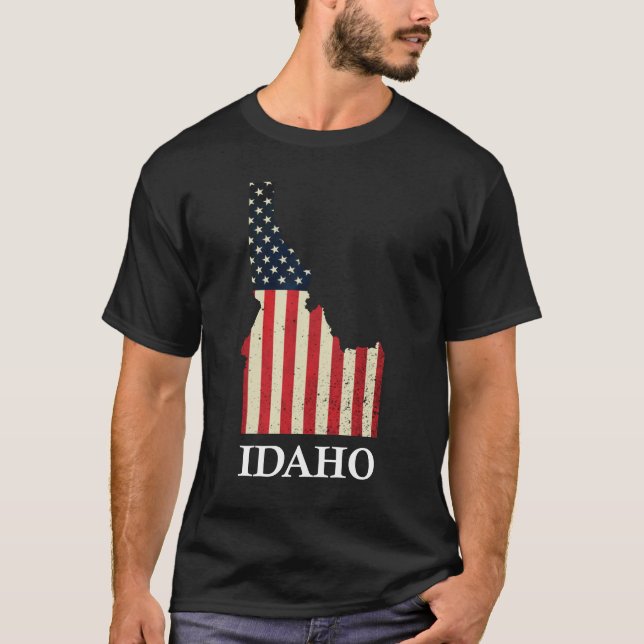Idaho Map State American Flag 4th Of July Pride T-Shirt (Front)