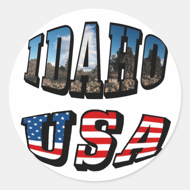 Idaho Picture State and Flag USA Text Classic Round Sticker (Front)