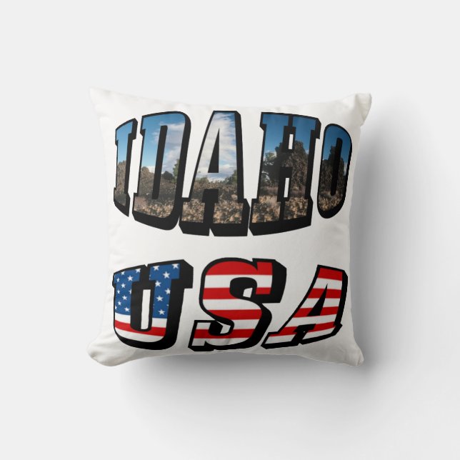 Idaho Picture State and Flag USA Text Throw Pillow (Front)