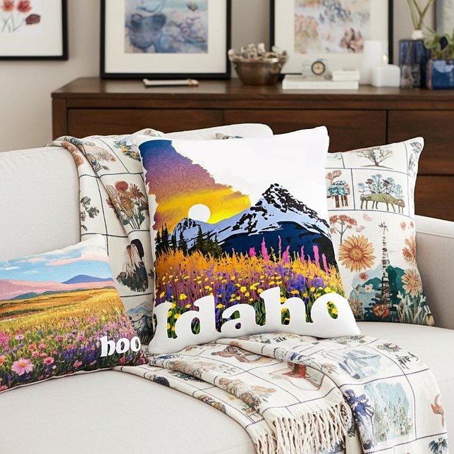 Idaho shape with mountain and wildflowers accent pillow (Creator Uploaded)