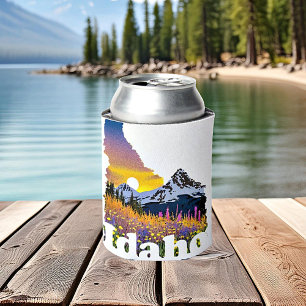 Idaho shape with mountain and wildflowers can cooler