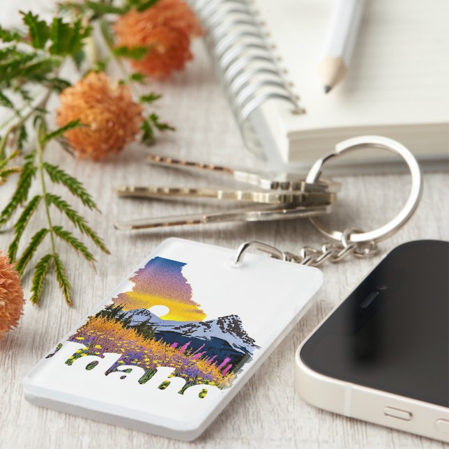 Idaho shape with mountain and wildflowers keychain (Front Right)
