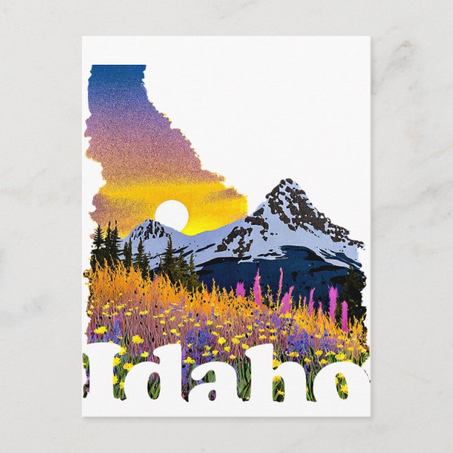 Idaho shape with mountain and wildflowers postcard (Front)
