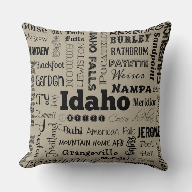 Idaho typography throw pillow in taupe/grey (Front)