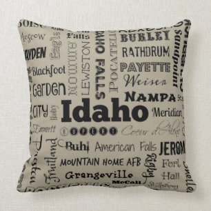 Idaho typography throw pillow in taupe/grey