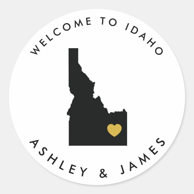 Idaho Wedding Welcome Sticker Tag, Gold & Black (Front)