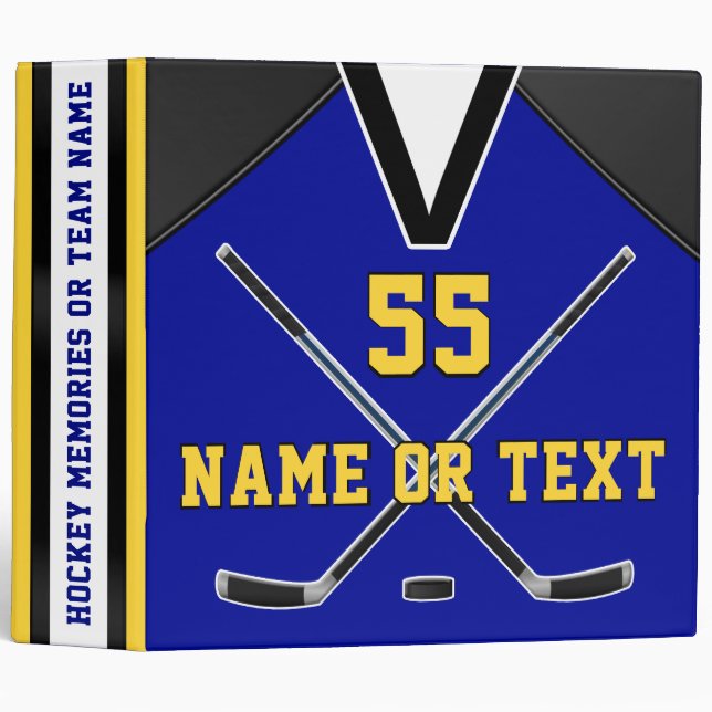 Idées cadeaux de hockey bleu et or, Classeur de ho (Devant/Côté)