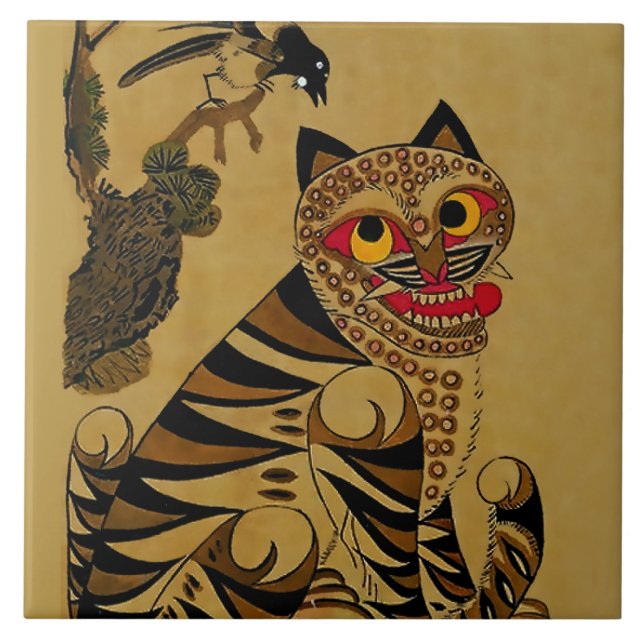 Idiot Tiger and Scolding Magpie Korean Minhwa Tile (Front)