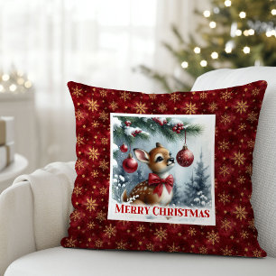 Idyllic baby deer winter snowy forest Christmas  Throw Pillow