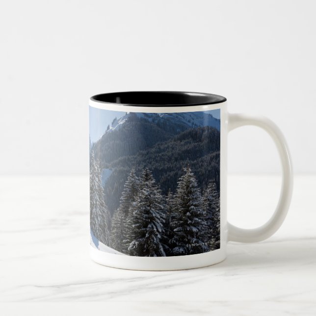 Idyllic empty road thrugh a winter landscape, 2 Two-Tone coffee mug (Right)