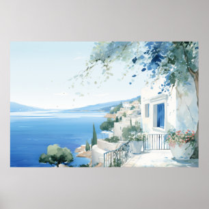 Idyllic Greek Island: Digital Watercolor Art Print
