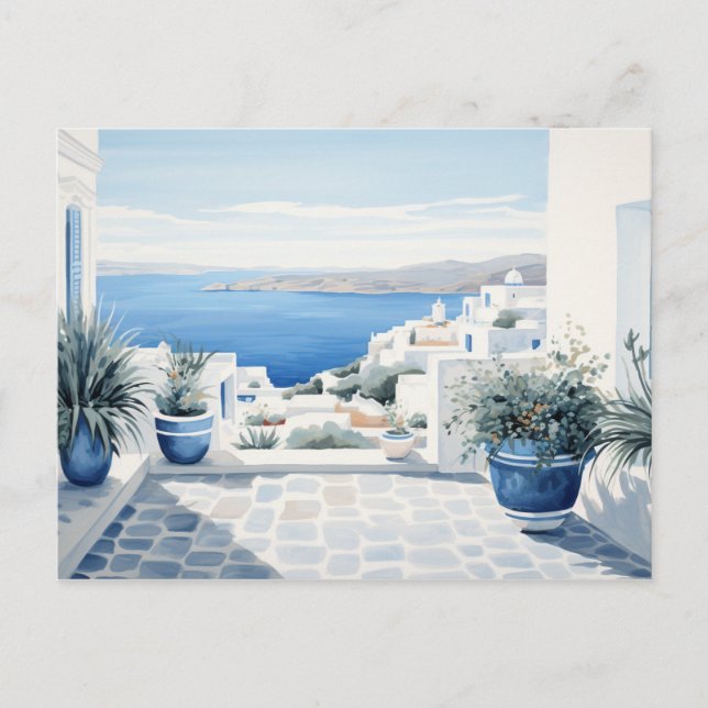 Idyllic Greek Island: Digital Watercolor Art Print Postcard (Front)