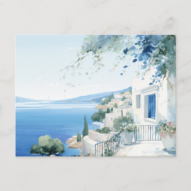 Idyllic Greek Island: Digital Watercolor Art Print Postcard (Front)