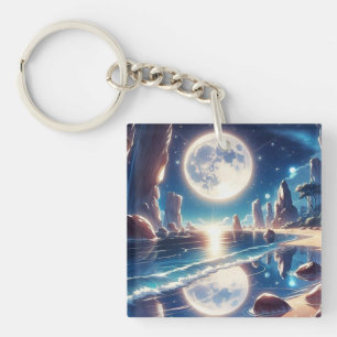Idyllic Moonlit Beach Painting Keychain