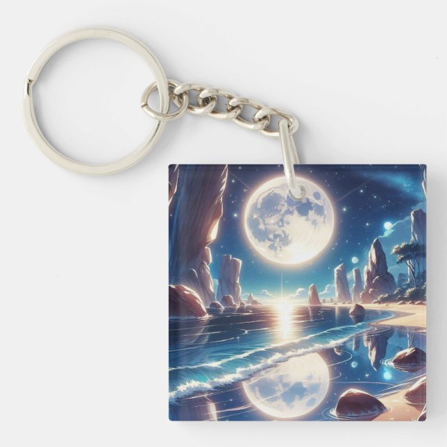Idyllic Moonlit Beach Painting Keychain (Front)