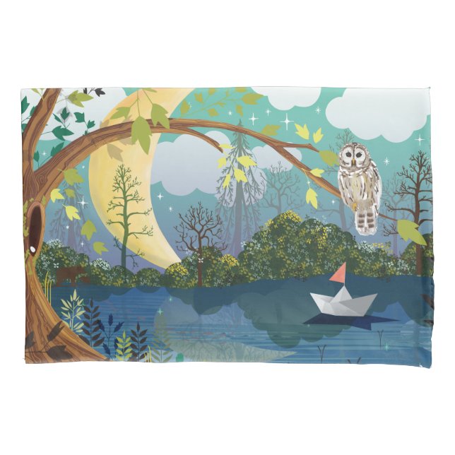 Idyllic Riverside Wildlife Illustration Children's Pillowcase (Front)