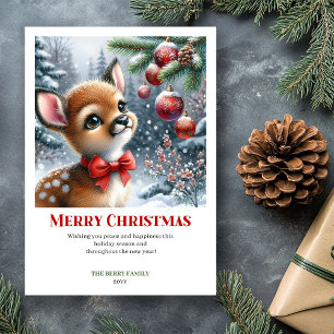 Idyllic Snowy Forest Fawn Watercolor Christmas   Holiday Card