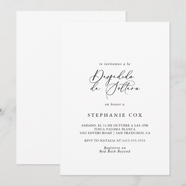 Idyllic Stylish Calligraphy Spanish Bridal Shower Invitation (Front/Back)