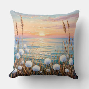Idyllic Sunrise Over Ocean Featuring Wild Grasses Throw Pillow