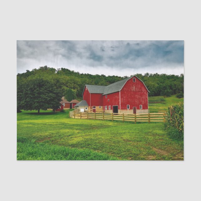 Idyllic Wisconsin Red Barns in Emerald Grass Field Tissue Paper (Front)