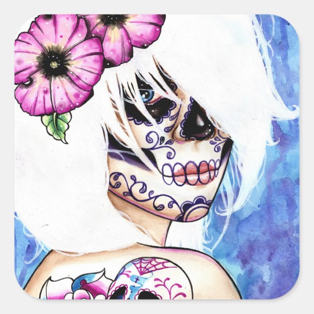 :ies Day of the Dead Sugar Skull Girl Square Sticker (Front)