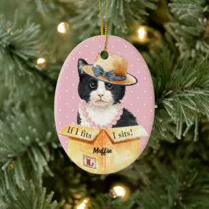 If I fits, I sits - Black And White Kitty In Box C Ceramic Ornament