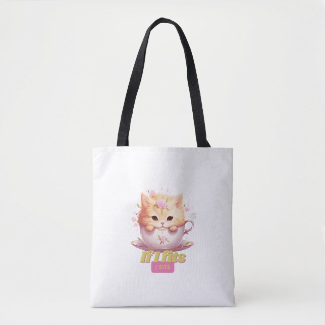 “If I Fits, I Sits” Cat Lovers Tote Bag (Front)
