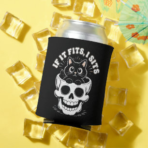 If It Fits I Sit Black Cat Skull Minimalist Meme  Can Cooler