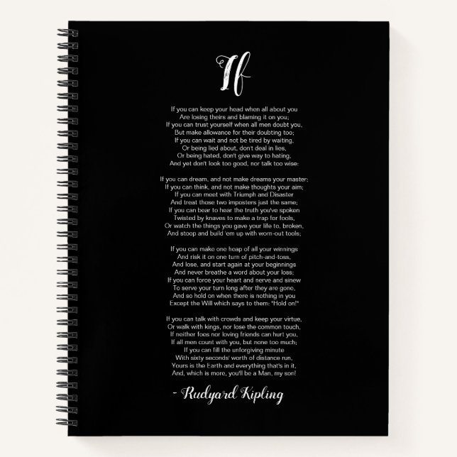 If Poem by Rudyard Kipling Black and White Notebook (Front)