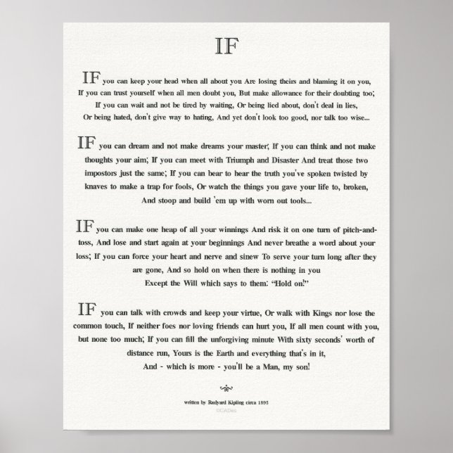 IF Quote by Rudyard Kipling 1895 on White Linen Poster (Front)