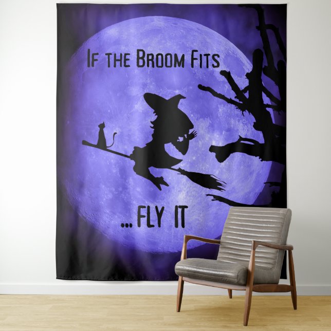 If the Broom Fits Fly It Halloween Party Backdrop Tapestry (In Situ)