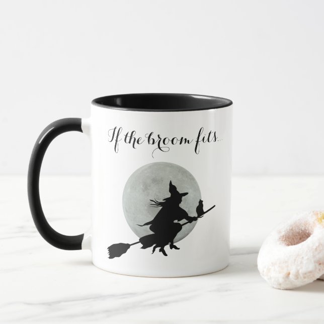 "If the broom fits..." flying witch with cat Mug (With Donut)