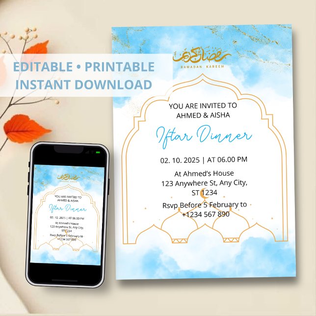 Iftar dinner invitation ramadan blue watercolor (Creator Uploaded)