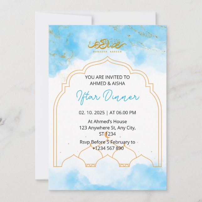 Iftar dinner invitation ramadan blue watercolor (Front)