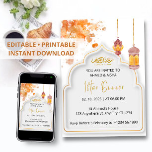 Iftar dinner invitation ramadan orange watercolor
