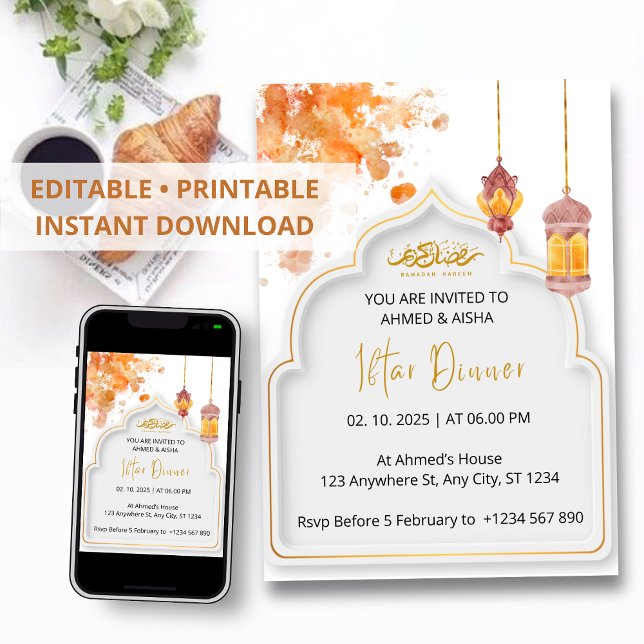 Iftar dinner invitation ramadan orange watercolor (Creator Uploaded)