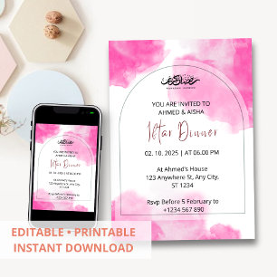 Iftar dinner invitation ramadan pink watercolor