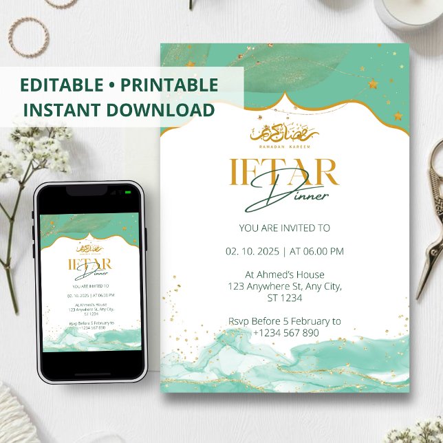 Iftar dinner invitation ramadan watercolor green  (Creator Uploaded)