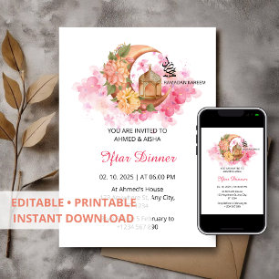 Iftar dinner invitation ramadan watercolor pink