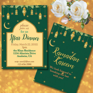Iftar Ramadan Invitation Élégant Vert, Or, Lune