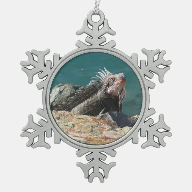 Iguana at St. Thomas Snowflake Pewter Christmas Ornament (Front)