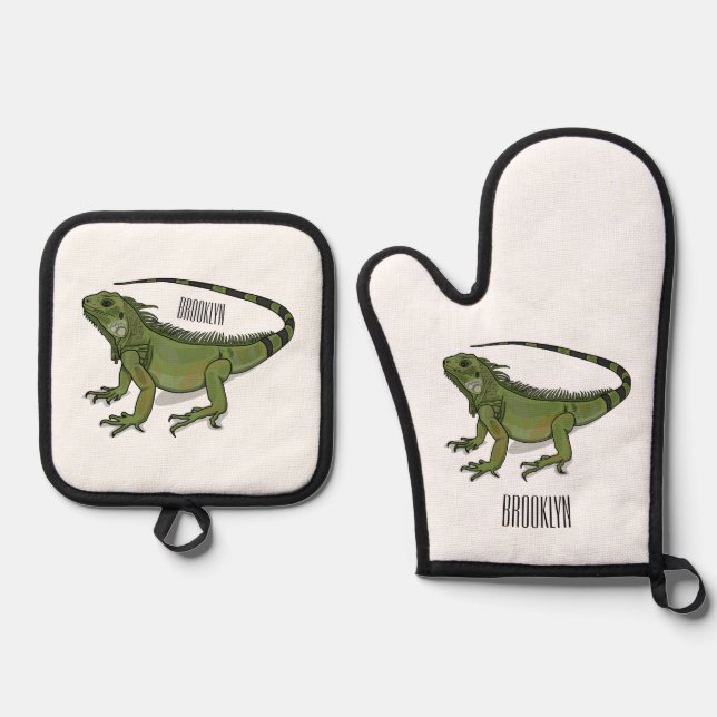 Iguana cartoon illustration  oven mitt & pot holder set (Front)
