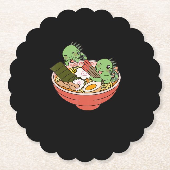 Iguana Kawaii Ramen Funny Pet Gift Paper Coaster (Front)