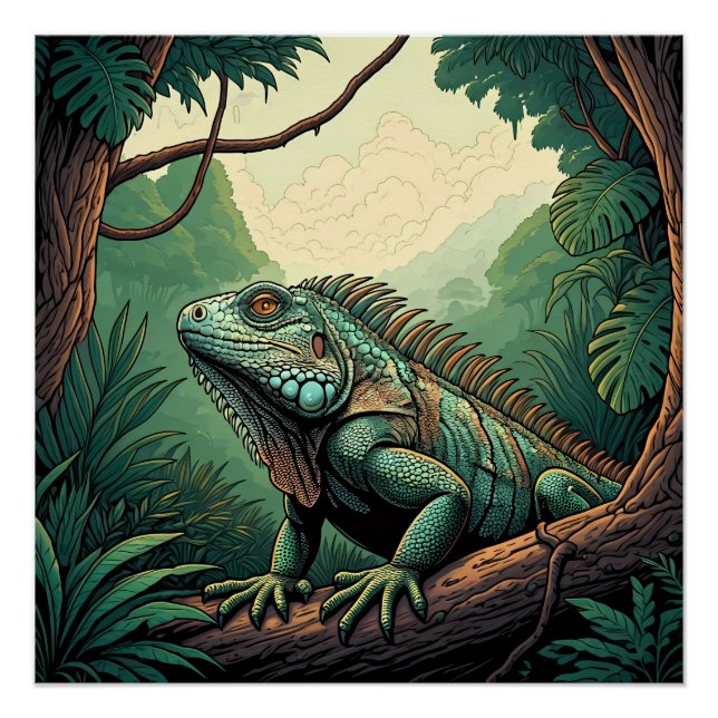 Iguana lizard among a tropical jungle setting poster (Front)