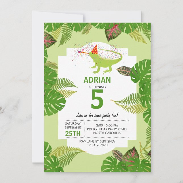 Iguana Lizard Partying Animals Birthday Party Invitation (Front)
